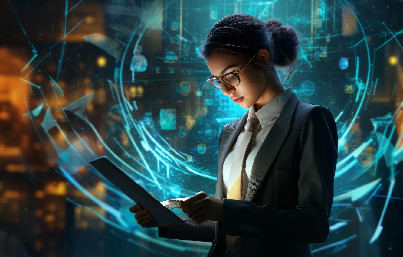 Photo wallpaper girl, glasses, tablet, digital art, artificial intelligence, business lady, AI art, The Art of Artificial …