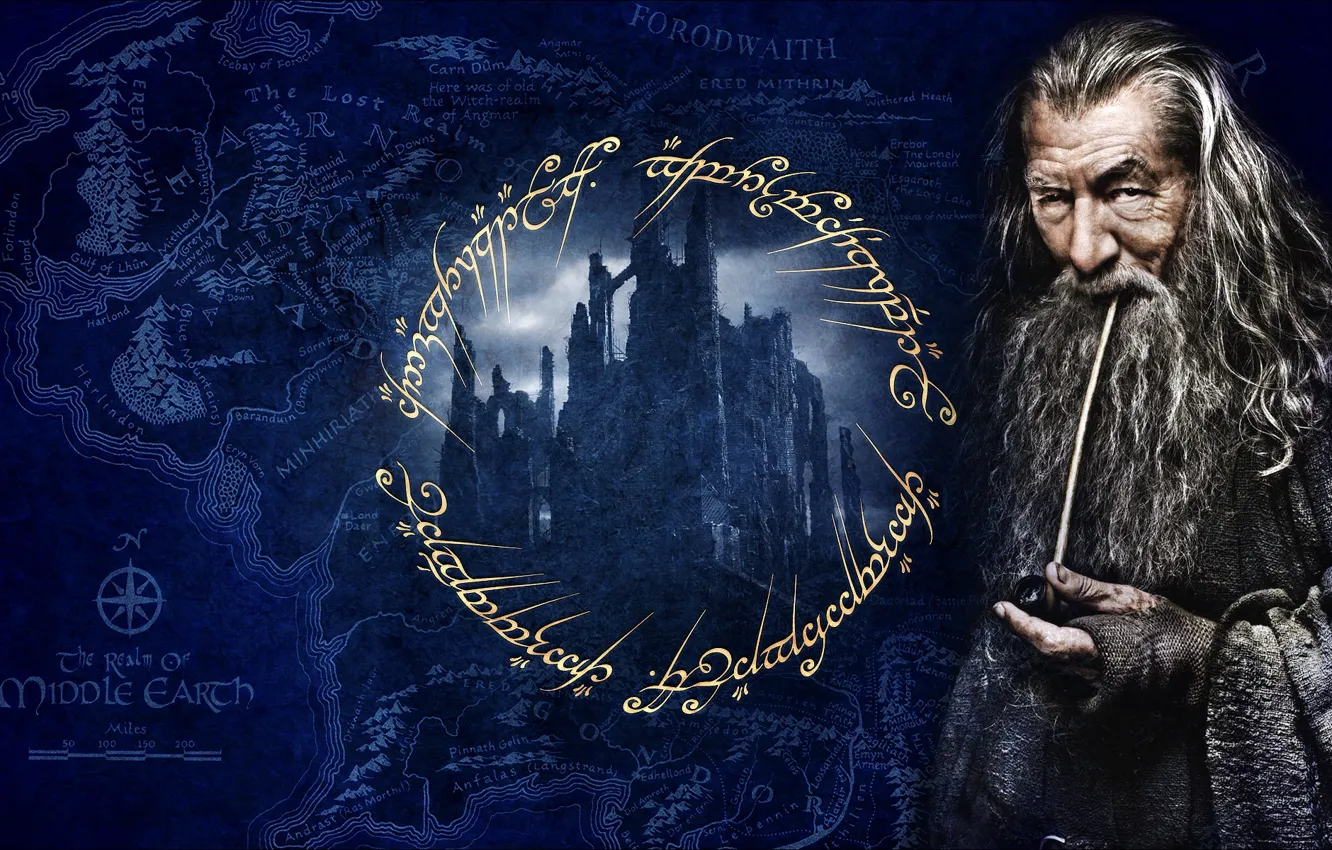 Photo wallpaper map, runes, Gandalf, Smoking pipe, Mithrandir, Dol Guldur
