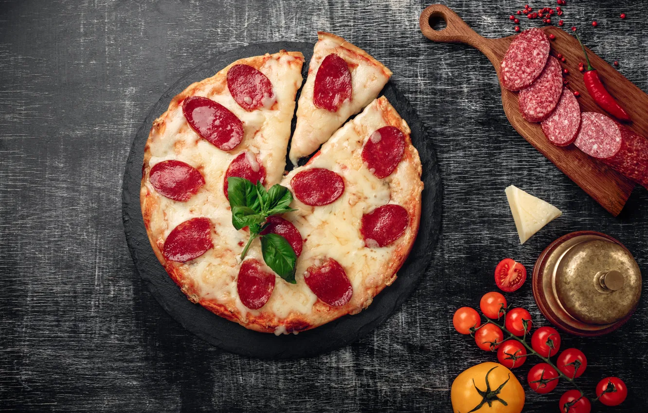 Photo wallpaper mushrooms, cheese, pizza, tomatoes, sausage