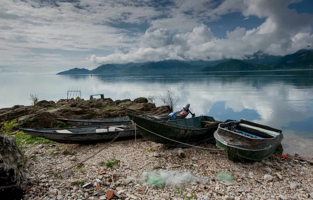 Photo wallpaper clouds, lake, shore, network, boat, horizon, rod