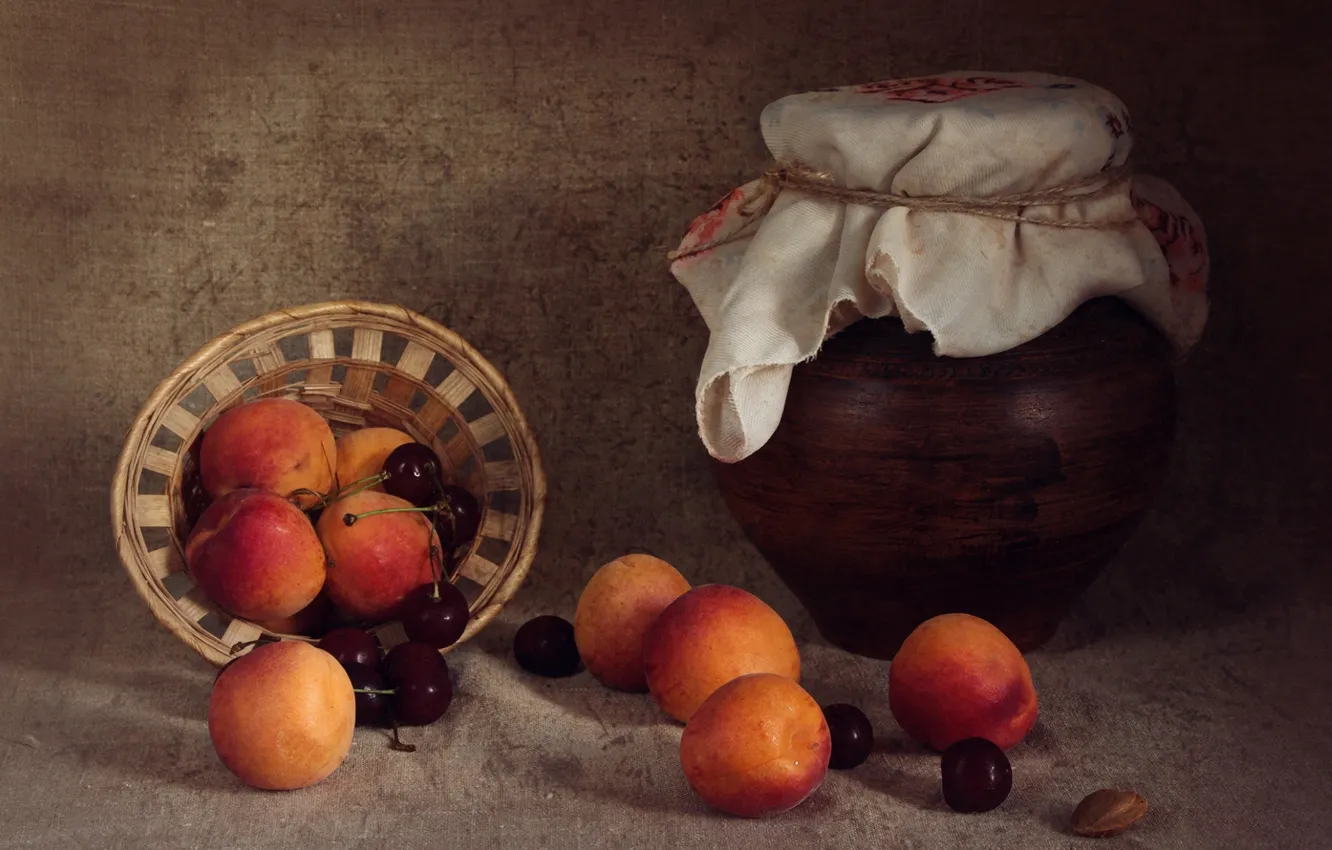 Photo wallpaper summer, fruit, still life, cherry, apricots, pot