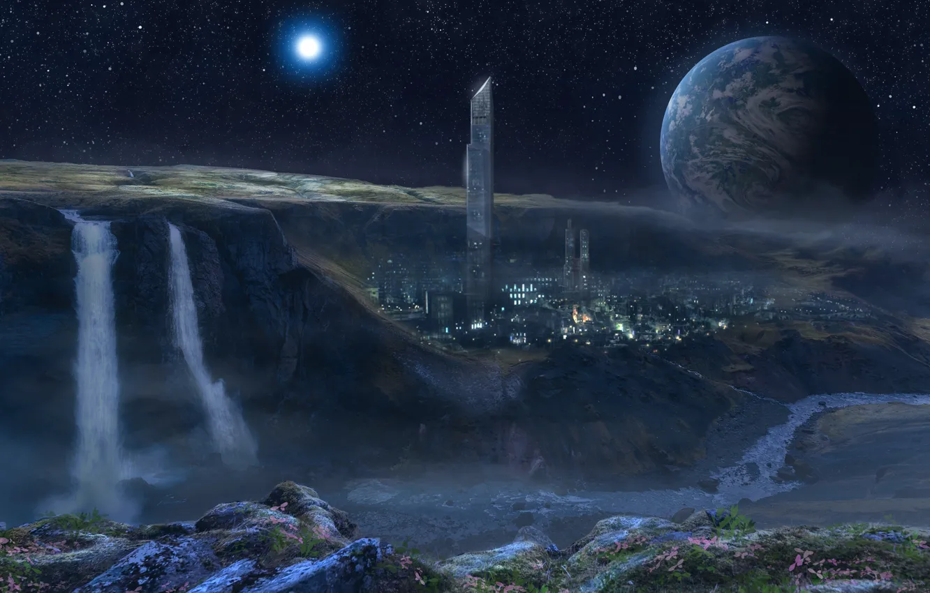 Photo wallpaper space, stars, light, mountains, night, the city, lights, fog