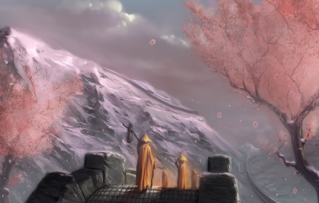 Photo wallpaper mountains, bridge, lilac, pink, Sakura, Golden, the wanderer