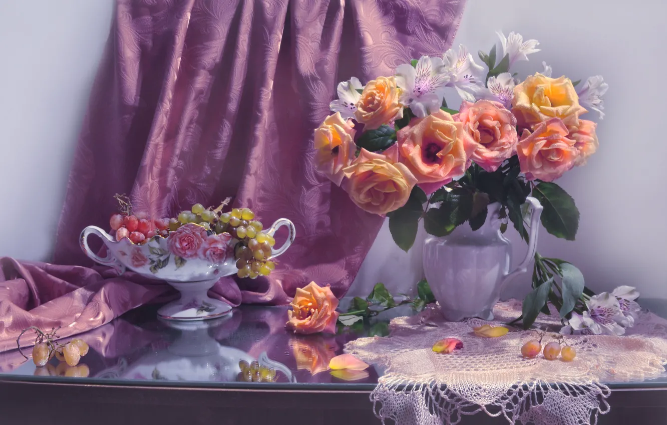 Photo wallpaper flowers, berries, roses, petals, grapes, fabric, vase, still life