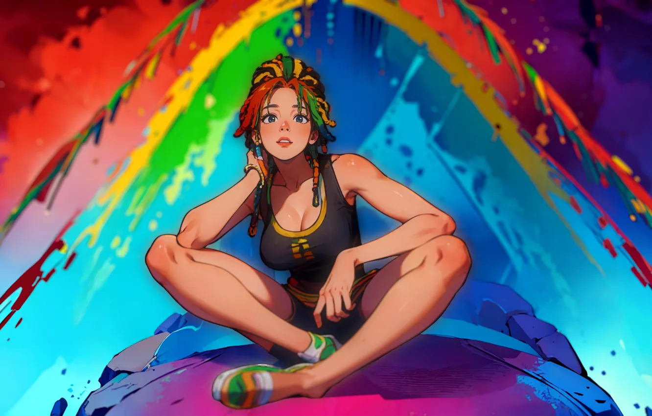 Photo wallpaper cleavage, shorts, legs, blue eyes, women, sitting, sneakers, tank top