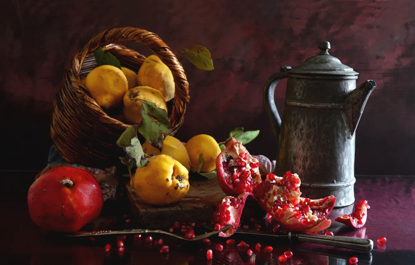 Photo wallpaper garnet, quince, coffee pot