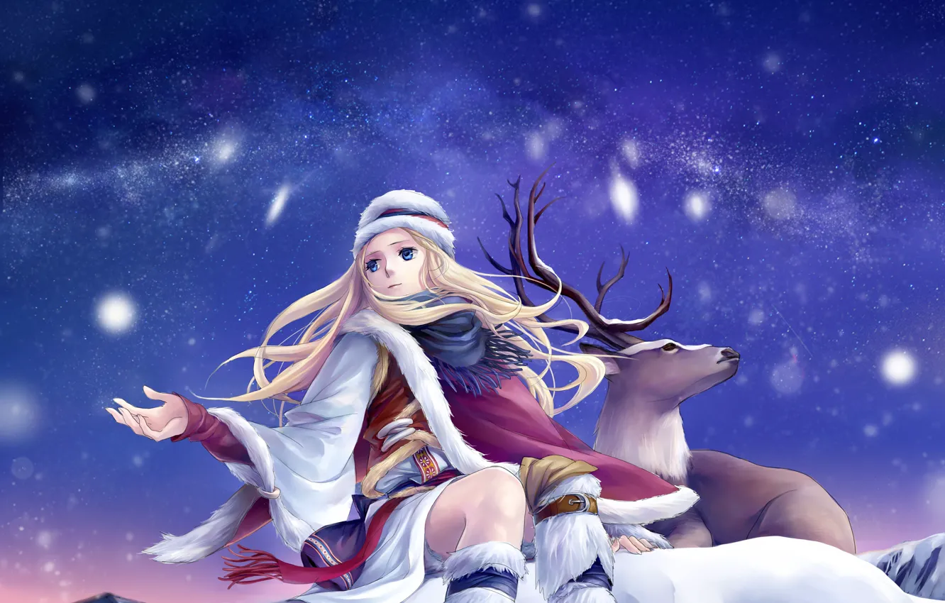 Photo wallpaper winter, the sky, stars, snow, deer, art, girl, ann