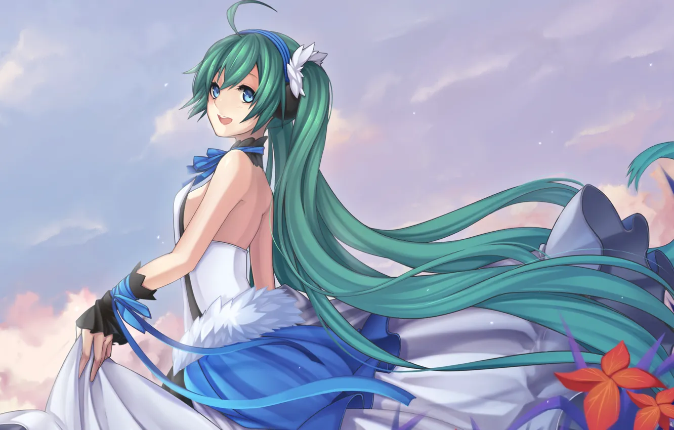 Photo wallpaper look, girl, joy, flowers, dress, vocaloid, hatsune miku, Vocaloid