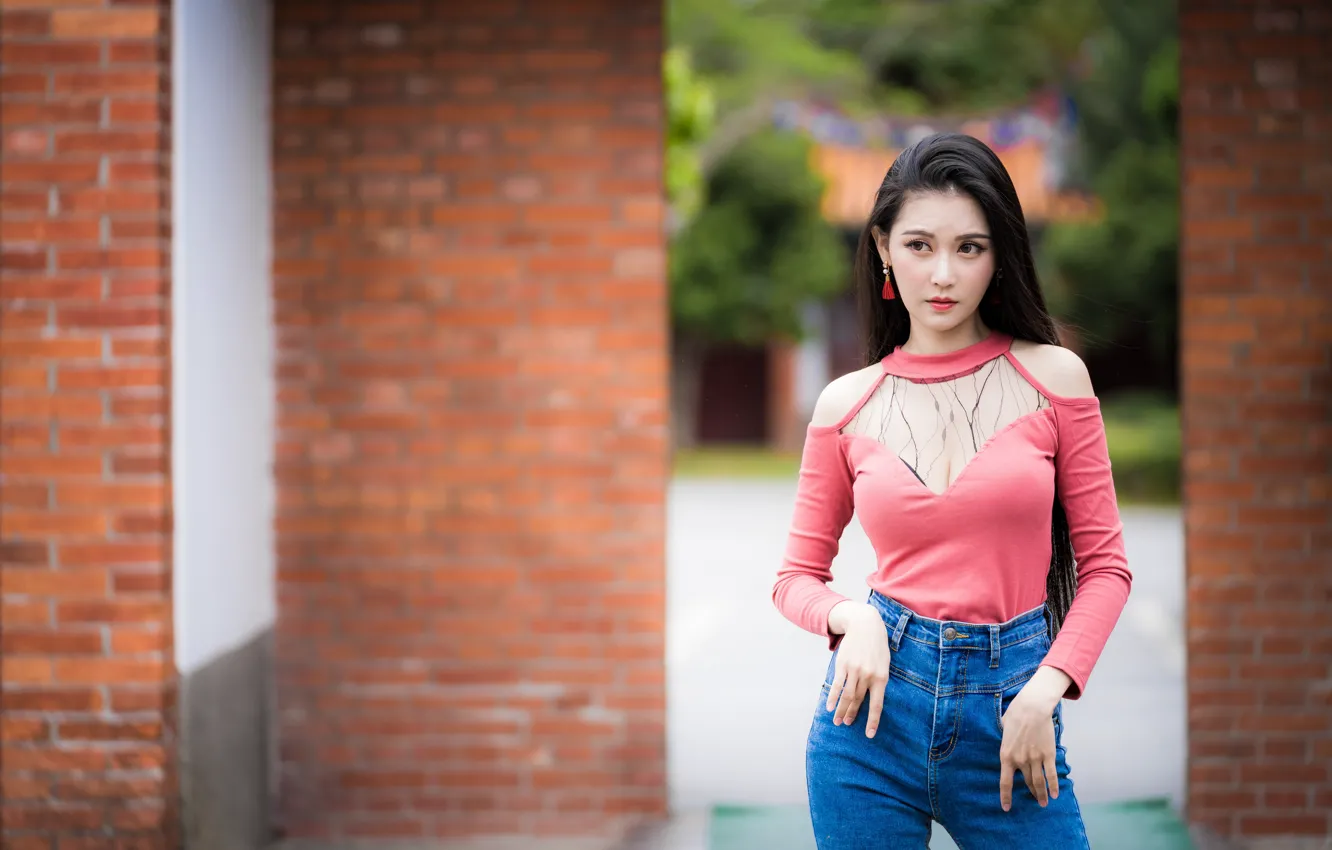 Photo wallpaper look, jeans, Asian, bokeh