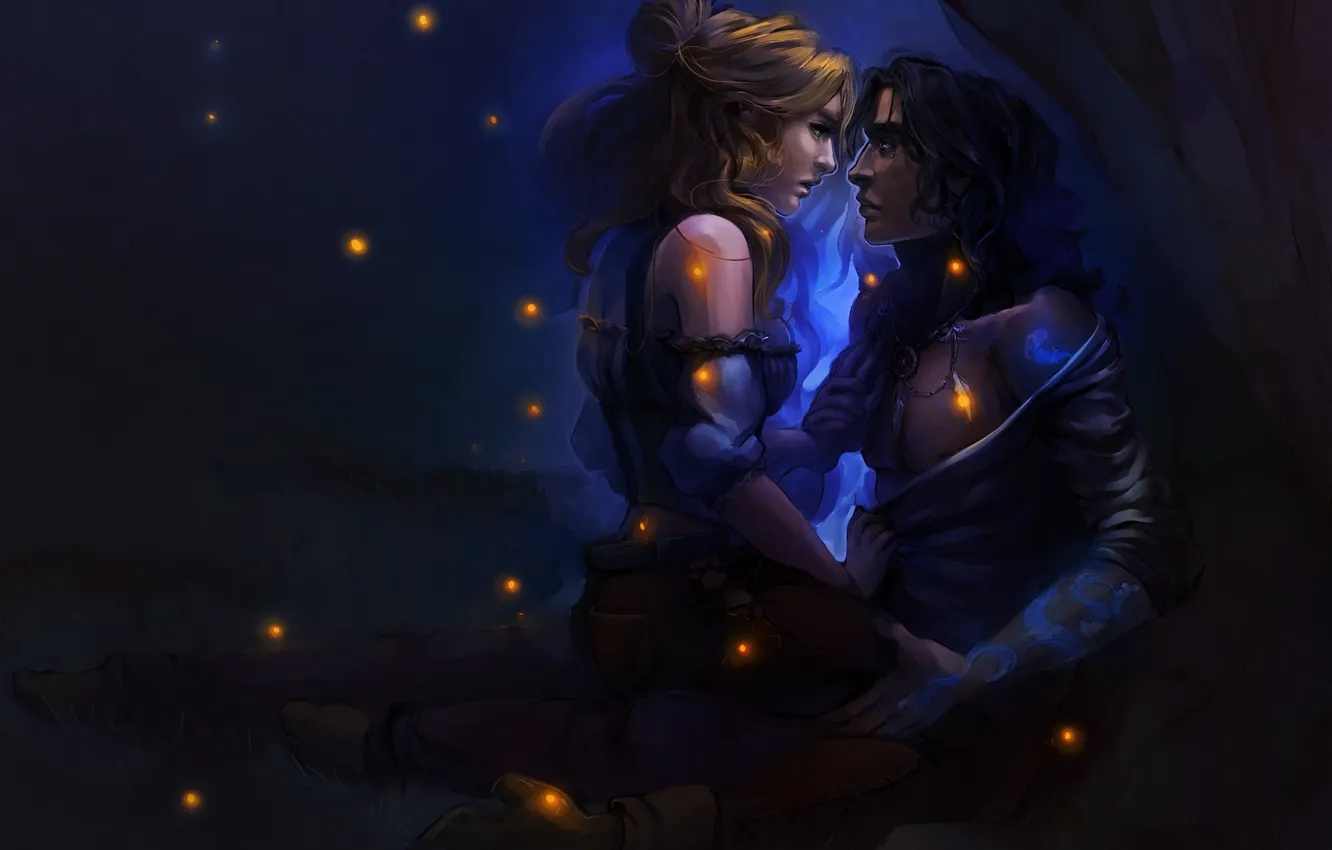 Photo wallpaper girl, night, fireflies, guy