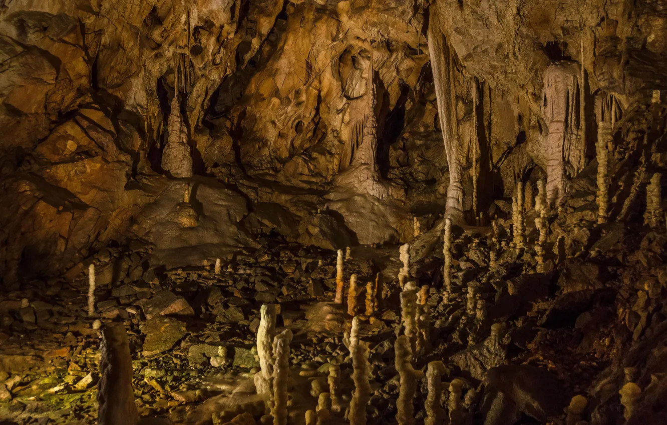 Photo wallpaper light, stones, cave, stalagmite, stalactite