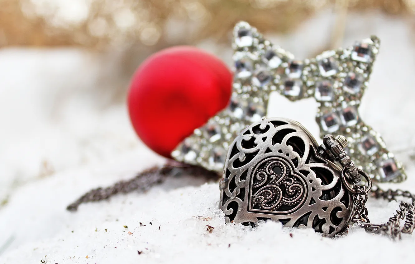 Photo wallpaper stars, snow, heart, watch