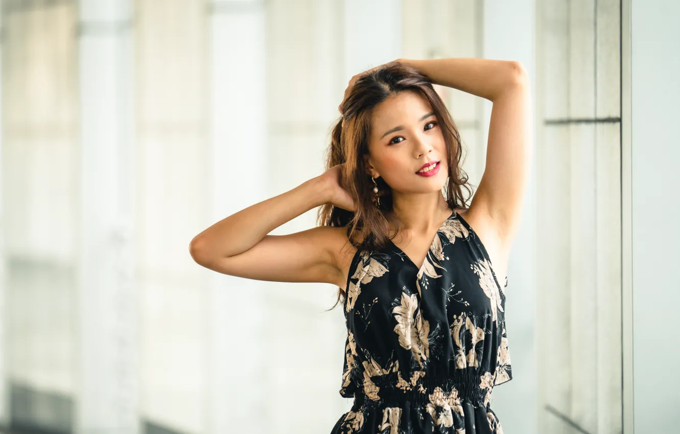 Photo wallpaper girl, pose, Asian, cutie, bokeh