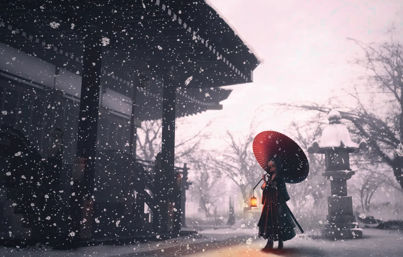 Photo wallpaper girl, snow, umbrella, temple