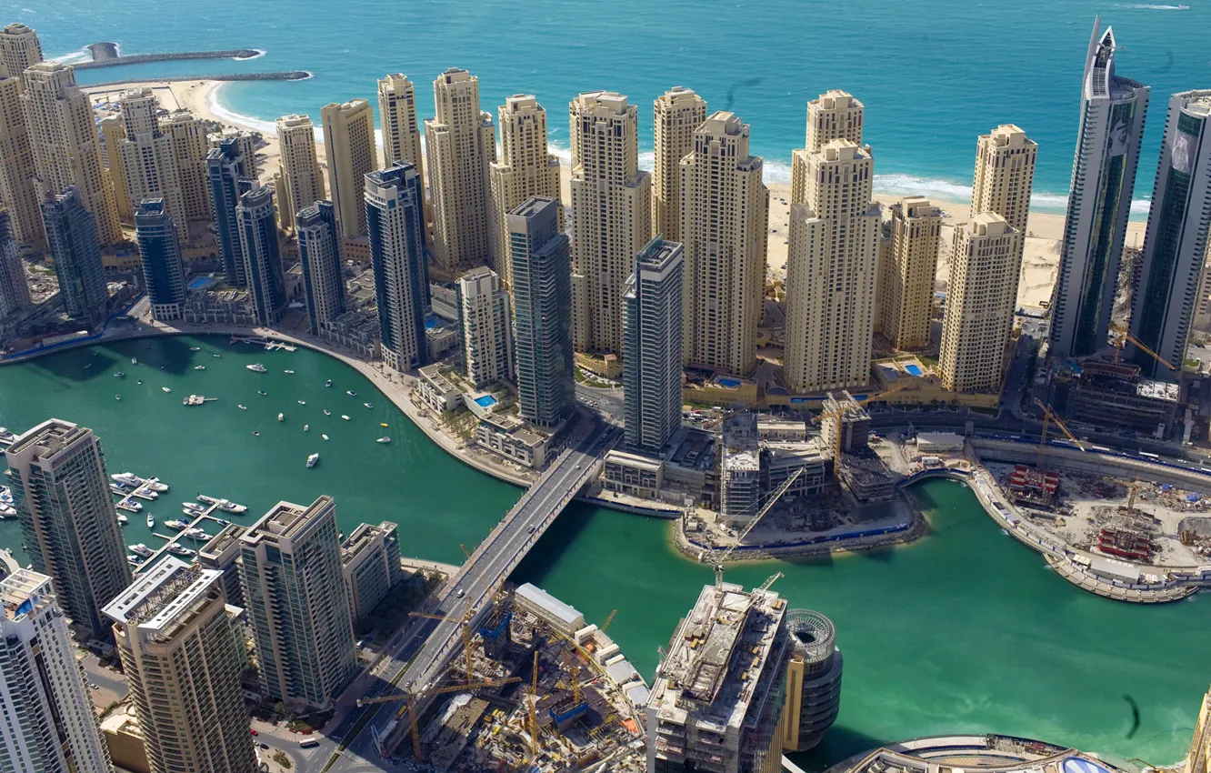 Photo wallpaper sea, bridge, coast, building, Dubai, Dubai, skyscrapers, UAE