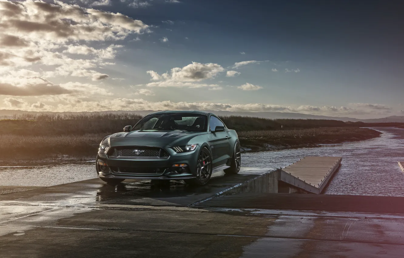 Photo wallpaper Mustang, Ford, Muscle, Car, Front, Sunset, Wheels, 2015