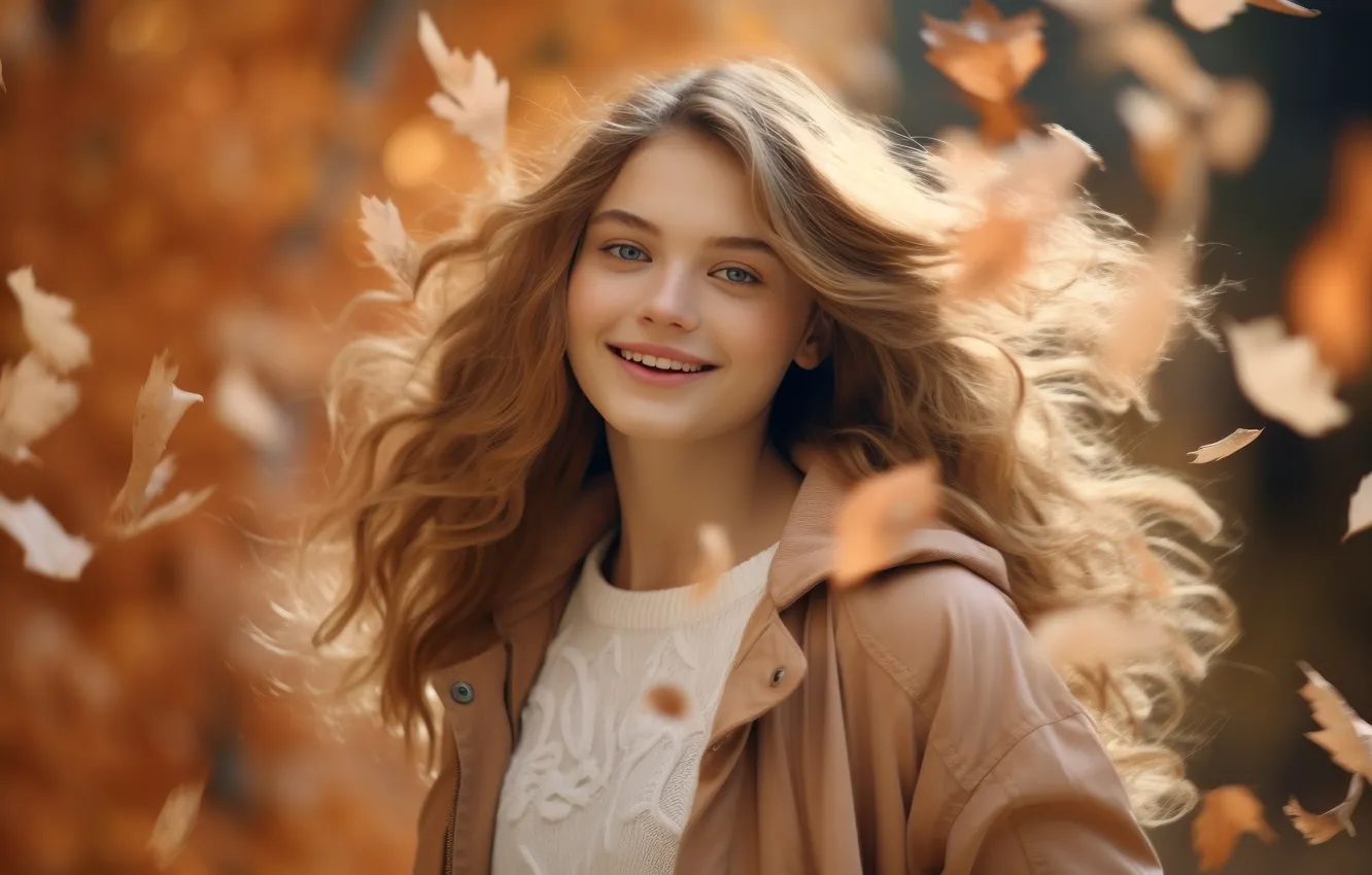 Photo wallpaper autumn, white, look, girl, nature, face, smile, Park
