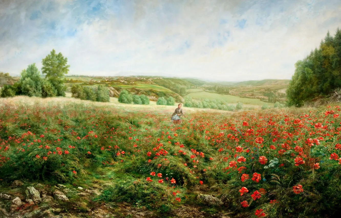 Photo wallpaper field, girl, trees, landscape, flowers, hills, Maki, picture