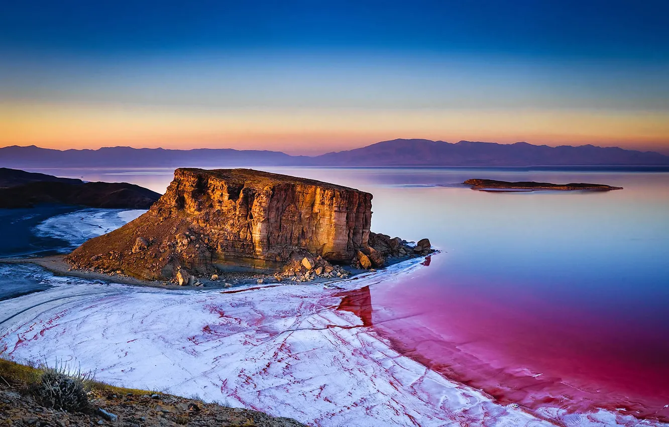 Photo wallpaper colorful, lake, sunrise, Iran, saltwater, Lake Urmia
