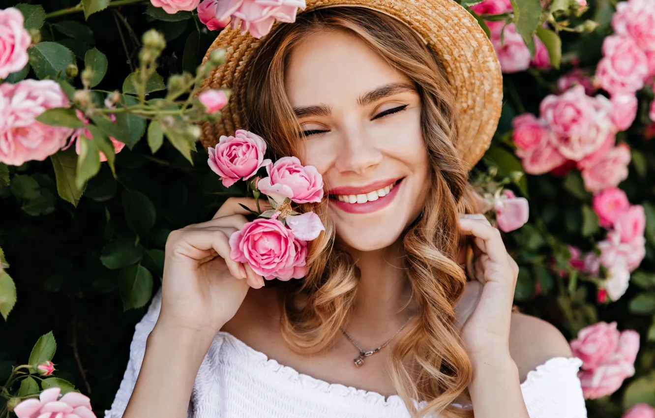 Photo wallpaper summer, girl, joy, flowers, smile, roses, positive, hat