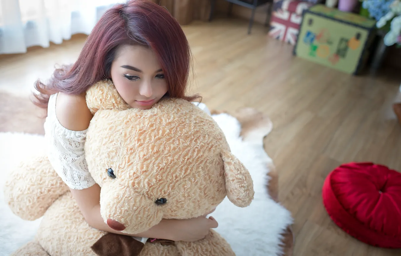 Photo wallpaper face, mood, hair, toy, bear