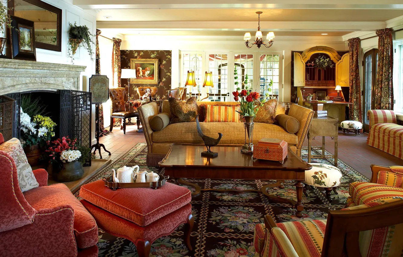 Photo wallpaper design, style, interior, fireplace, living room, cozy, warm colors, living room by Gabberts design studio