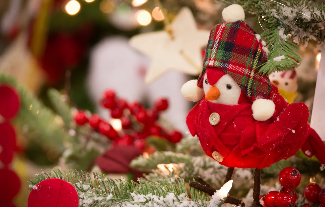 Photo wallpaper holiday, toy, new year, spruce, decoration, bird