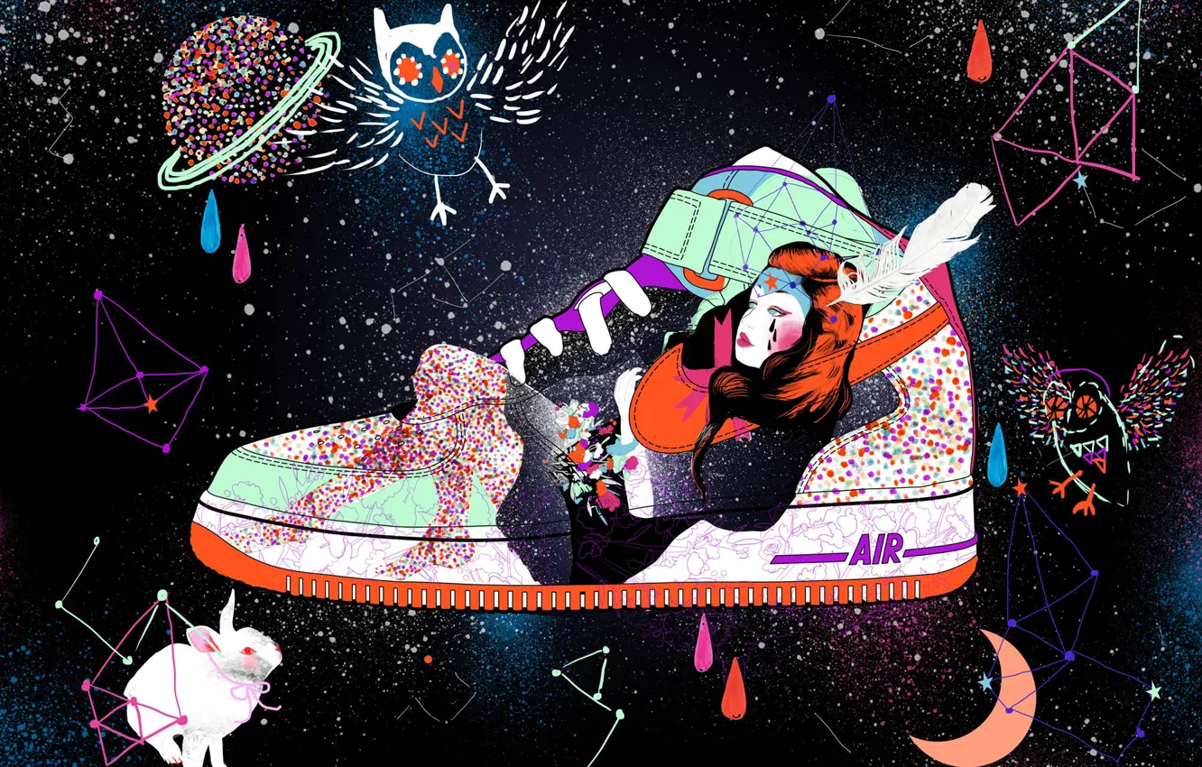 Photo wallpaper girl, space, drops, owl, paint, hare, shoes, constellation