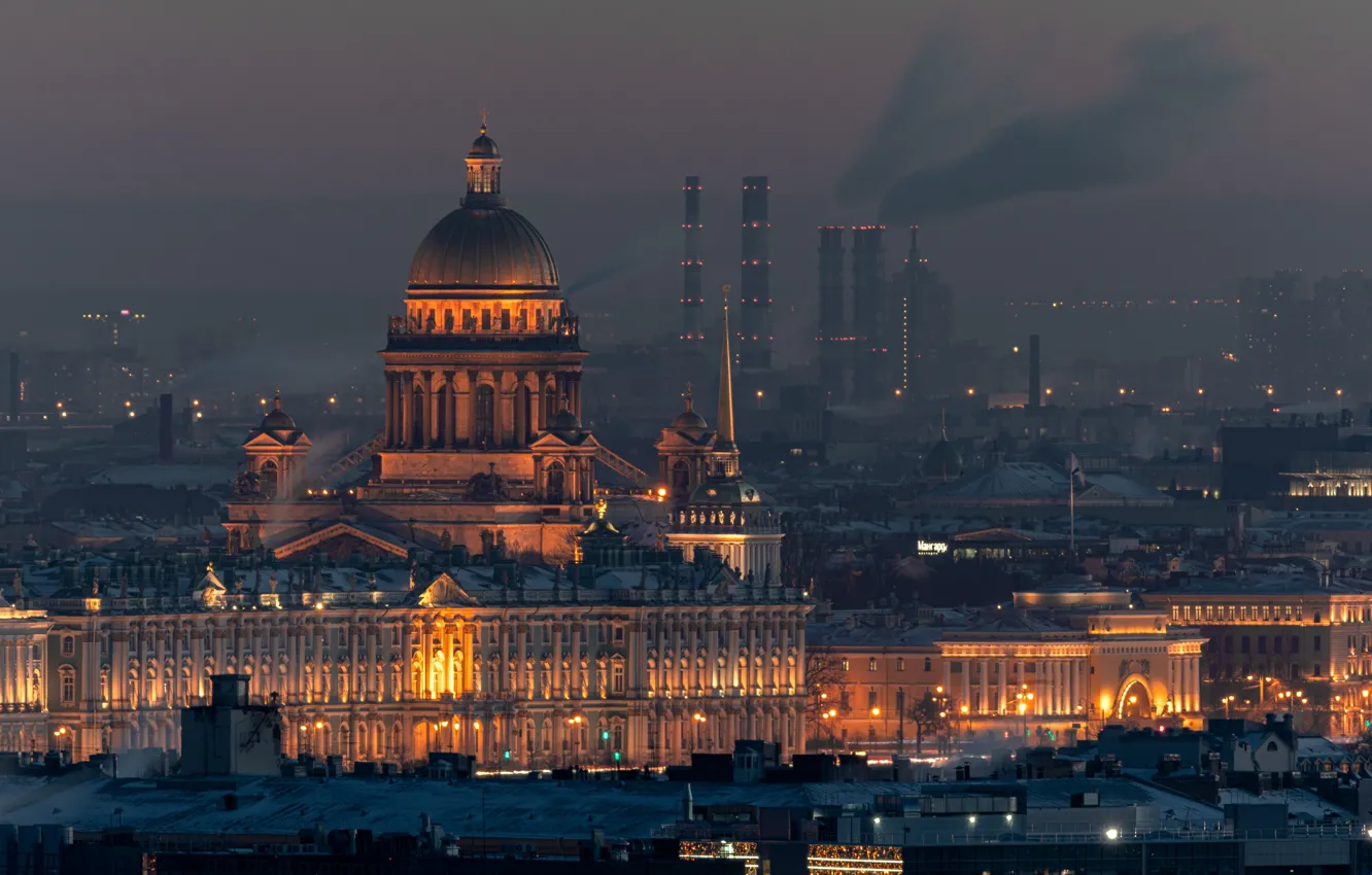 Photo wallpaper night, the city, building, home, Peter, lighting, Saint Petersburg, the dome
