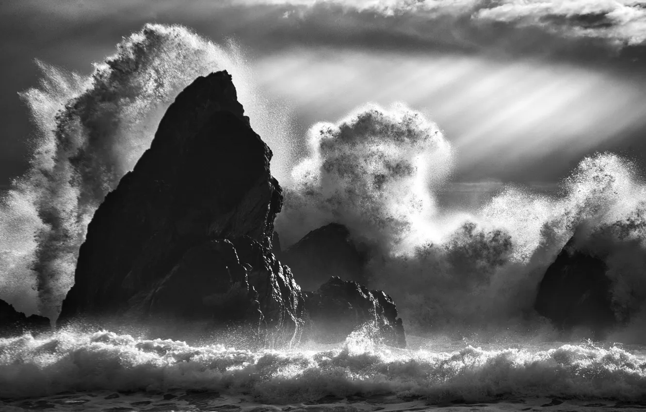 Photo wallpaper wave, rays, squirt, storm, rocks, waves, storm, rocks
