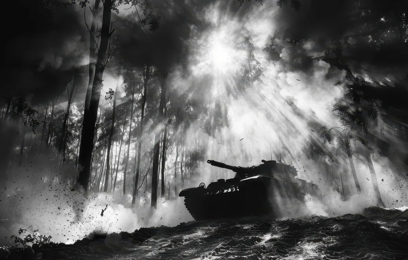 Photo wallpaper The sun, Trees, Forest, Tank, The Rays Of The Sun, Digital art, Black and white, …