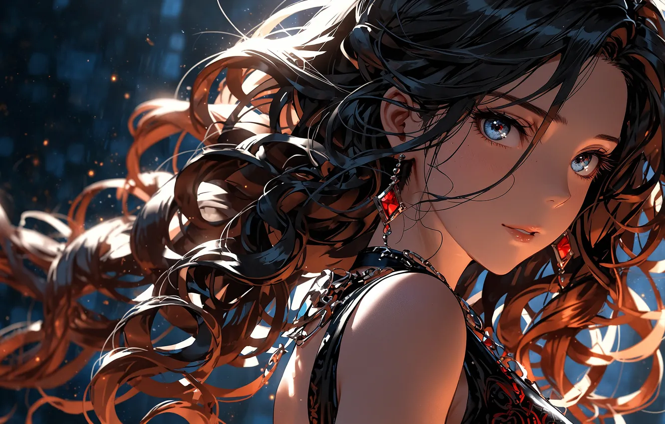 Photo wallpaper girl, anime, blue eyes, dark hair, Ai art