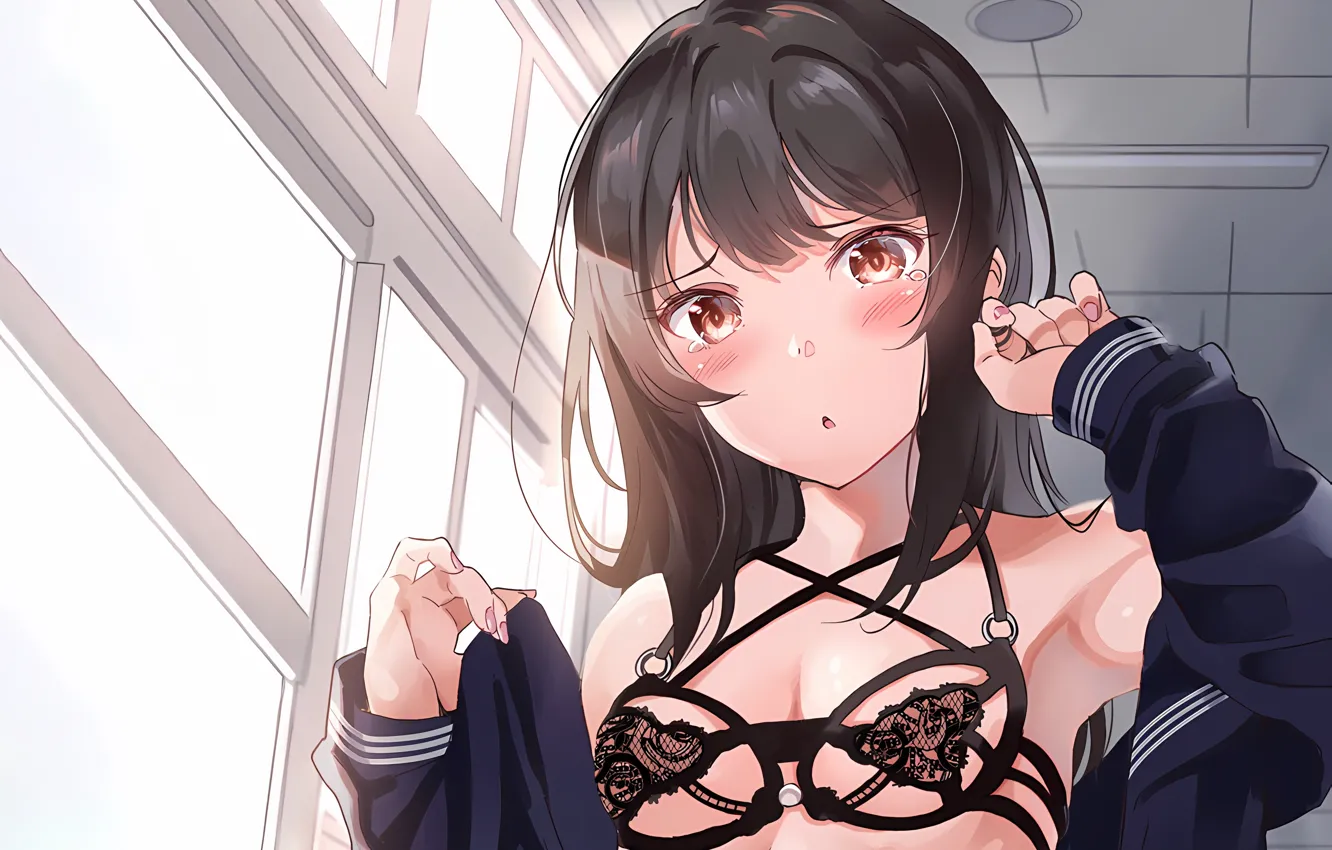 Photo wallpaper girl, sexy, lingerie, bra, cleavage, long hair, brown eyes, boobs