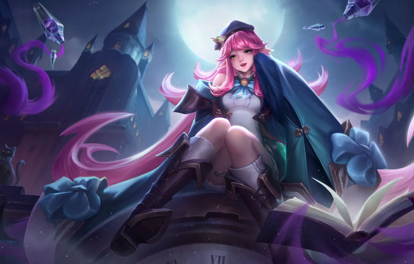 Photo wallpaper cat, night, magic, the moon, building, book, bottle, arena