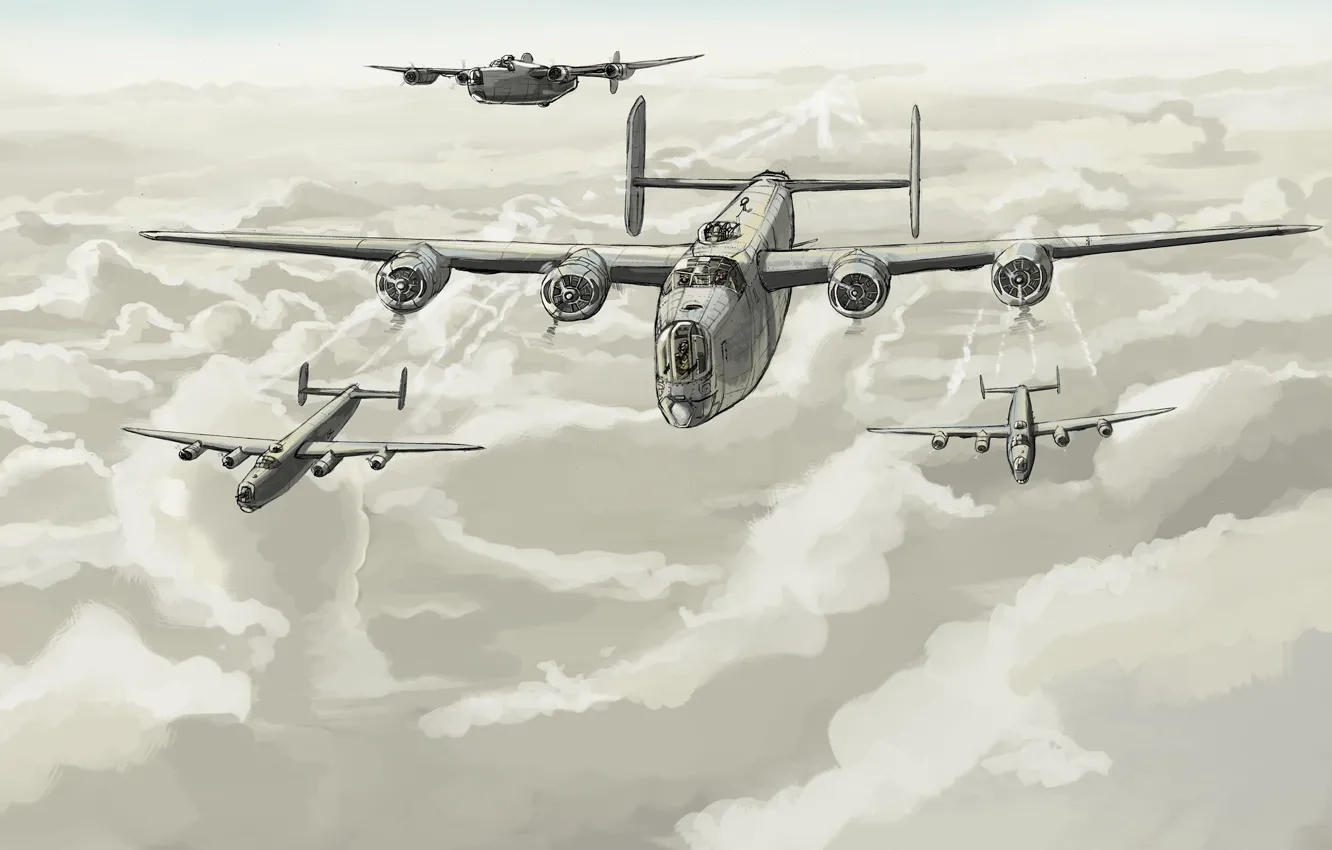 Photo wallpaper clouds, art, flight, bombers, USAF, Consolidated, B-24 Liberator