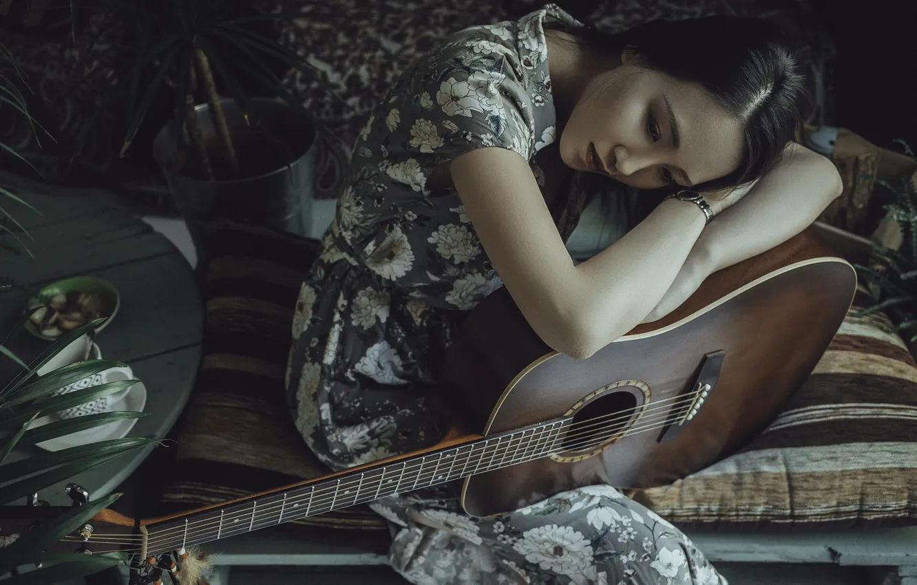 Photo wallpaper girl, guitar, brunette, Asian