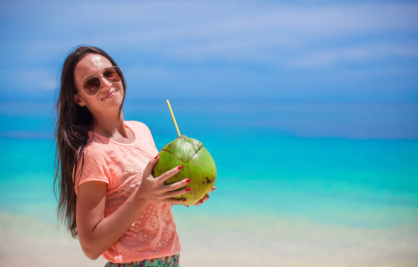 Photo wallpaper girl, smile, coconut, brown hair, sunglasses, tube, long-haired