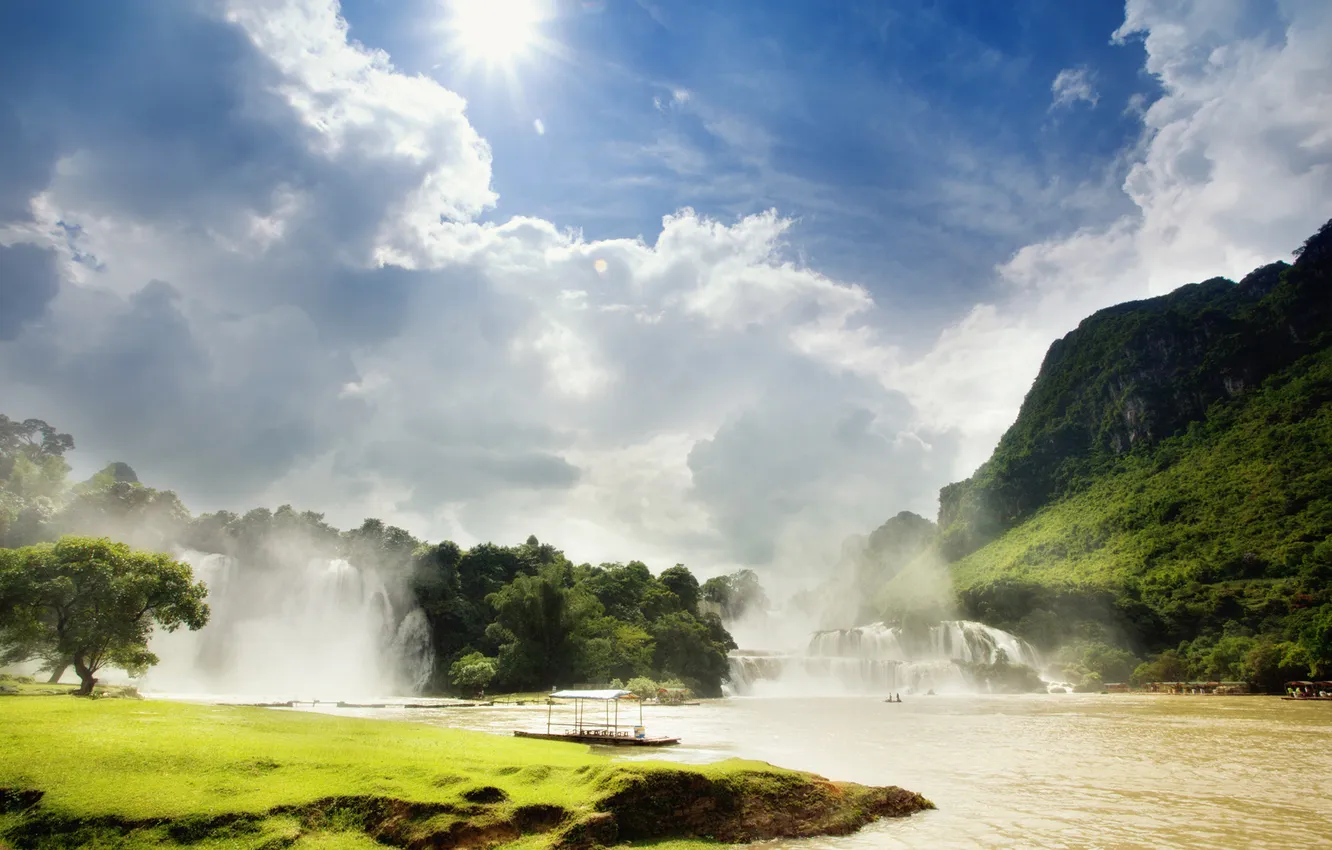 Photo wallpaper the sky, the sun, mountains, river, waterfall