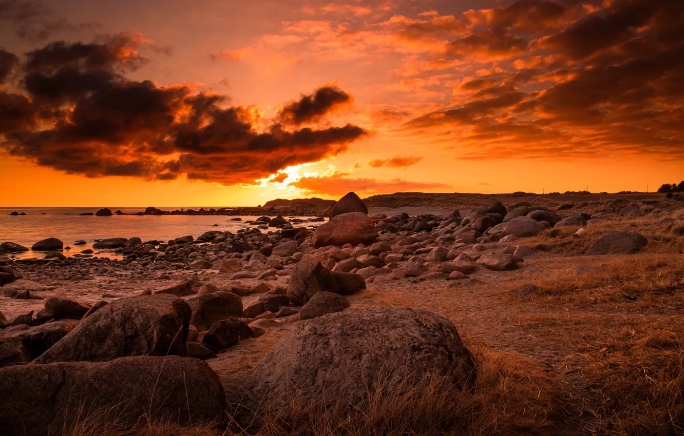 Photo wallpaper the sky, water, clouds, stones, shore
