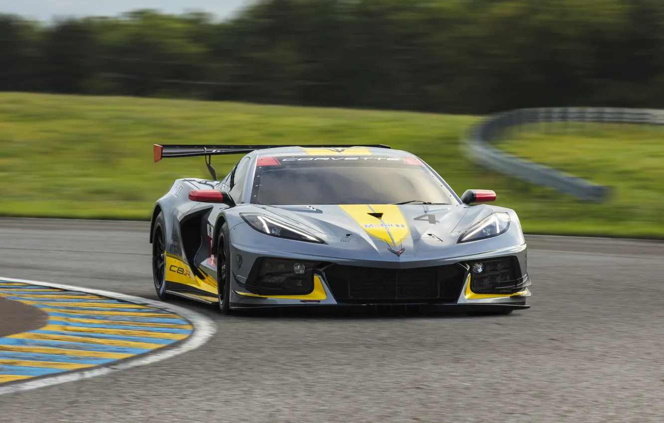 Photo wallpaper machine, the sky, trees, movement, Chevrolet, sports car, track, C8.R