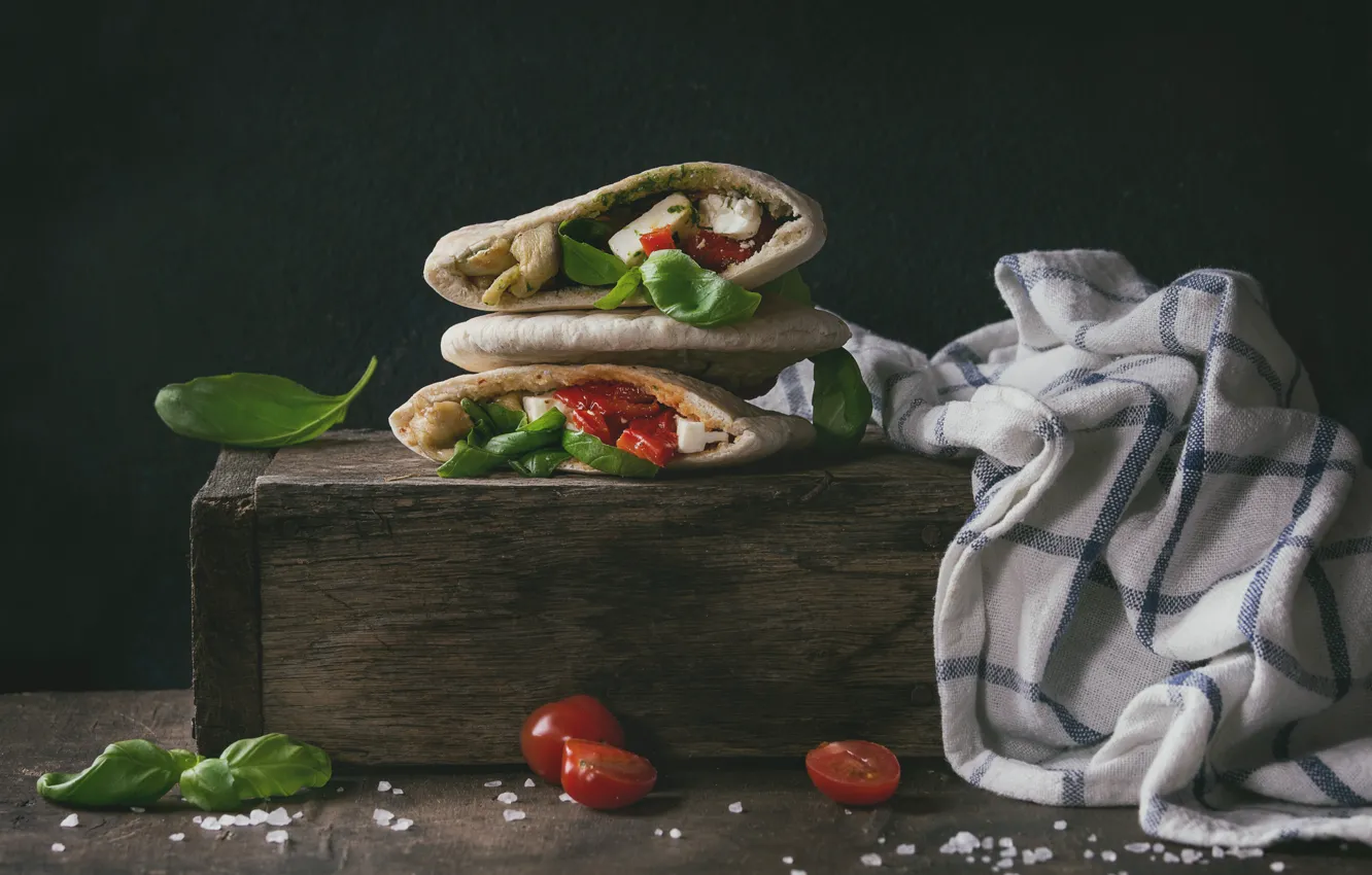 Photo wallpaper food, cheese, pita, Basil, Natasha Breen, tomatoes-cherry