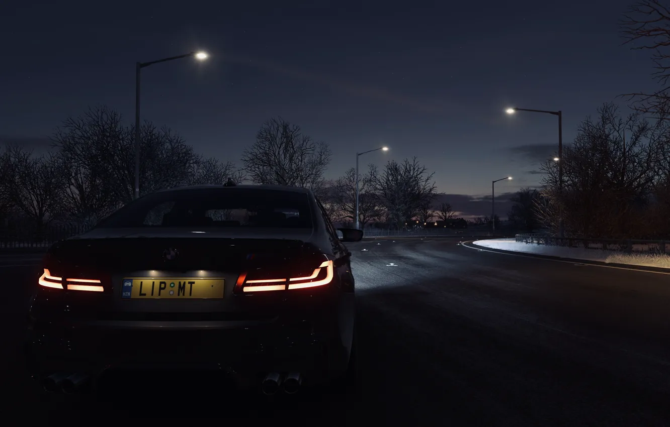 Photo wallpaper HDR, BMW, game, sky, night, winter, snow, lamp