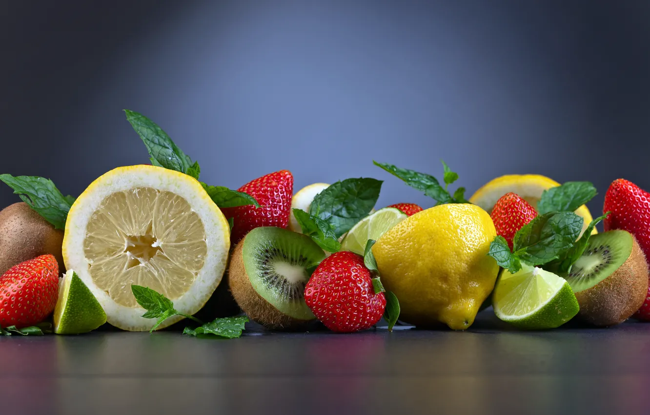 Photo wallpaper lemon, kiwi, strawberry, lime, fruit