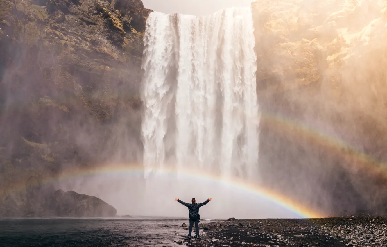 Photo wallpaper rock, waterfall, rainbow, range, Iceland, Iceland