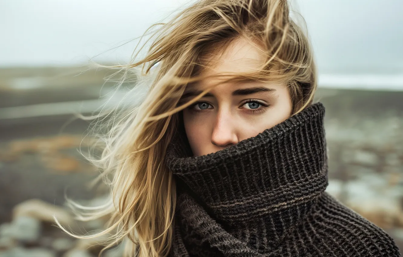 Photo wallpaper field, look, girl, overcast, the wind, portrait, blonde, collar