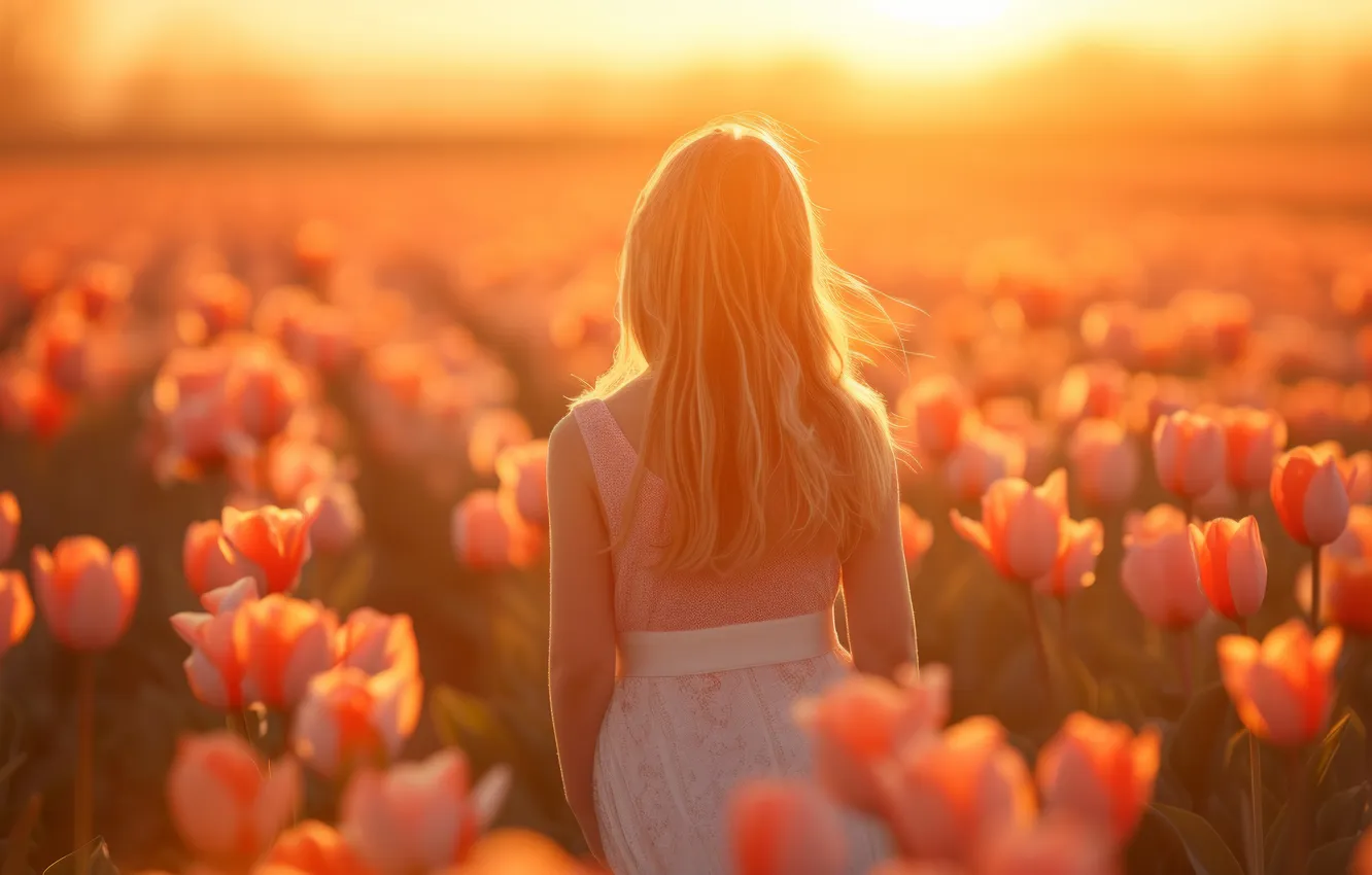 Photo wallpaper field, girl, light, flowers, back, spring, tulips, walk