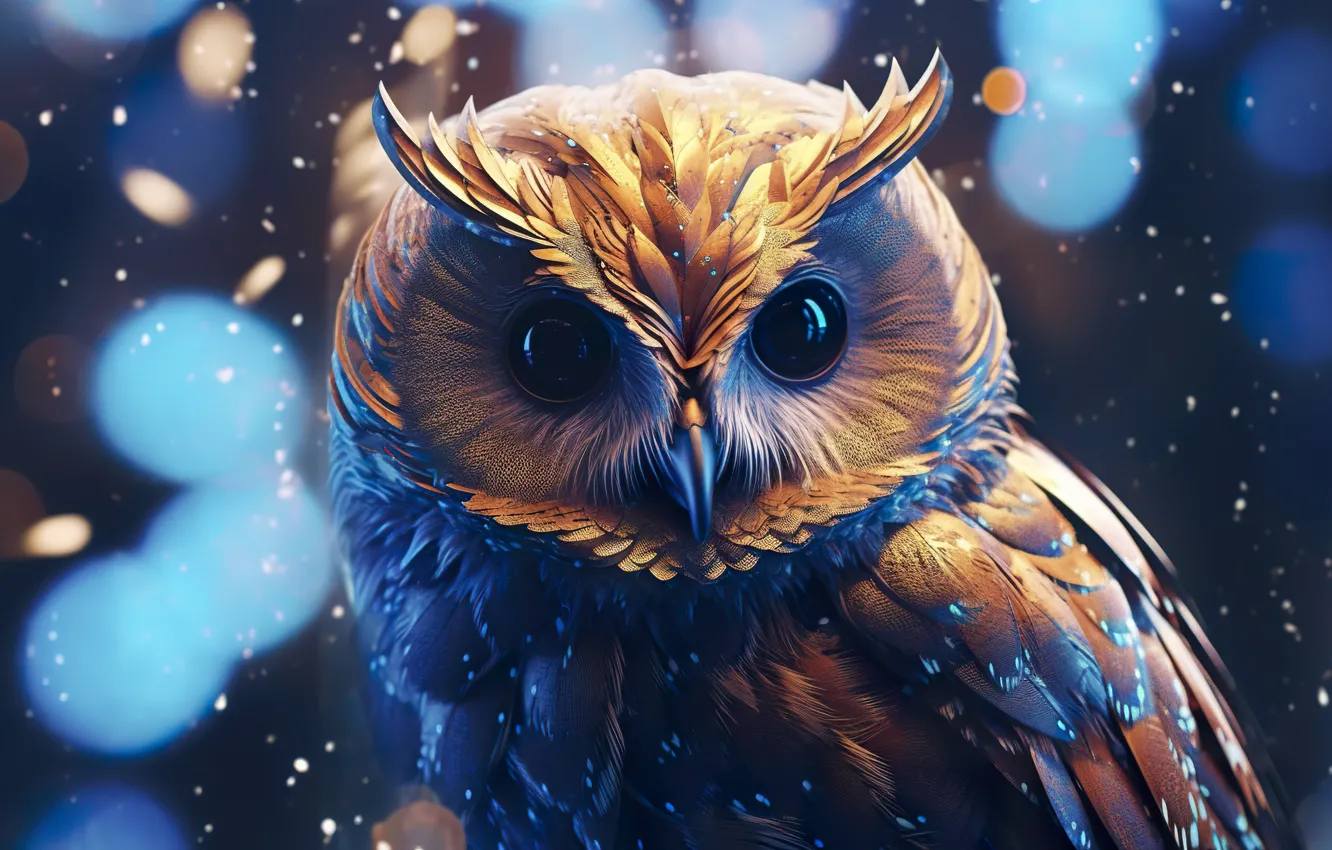 Photo wallpaper look, owl, bird, styling, bokeh, owl, AI art, neural network