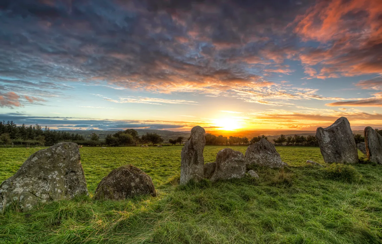 Photo wallpaper clouds, sunset, stones, Ireland, Donegal