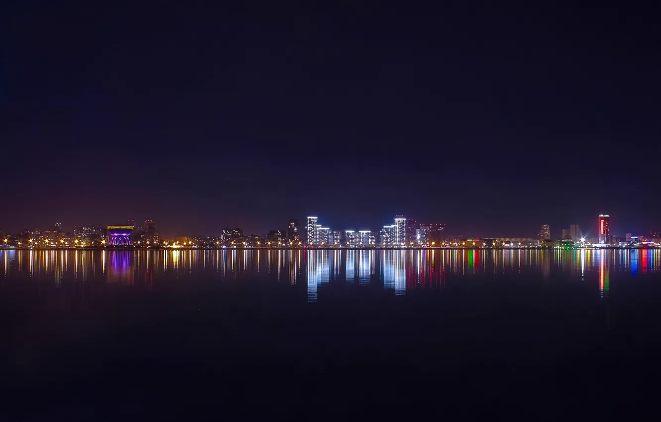 Photo wallpaper lights, reflection, bowl, backlight, night city, Kazan, Tatarstan, Riviera