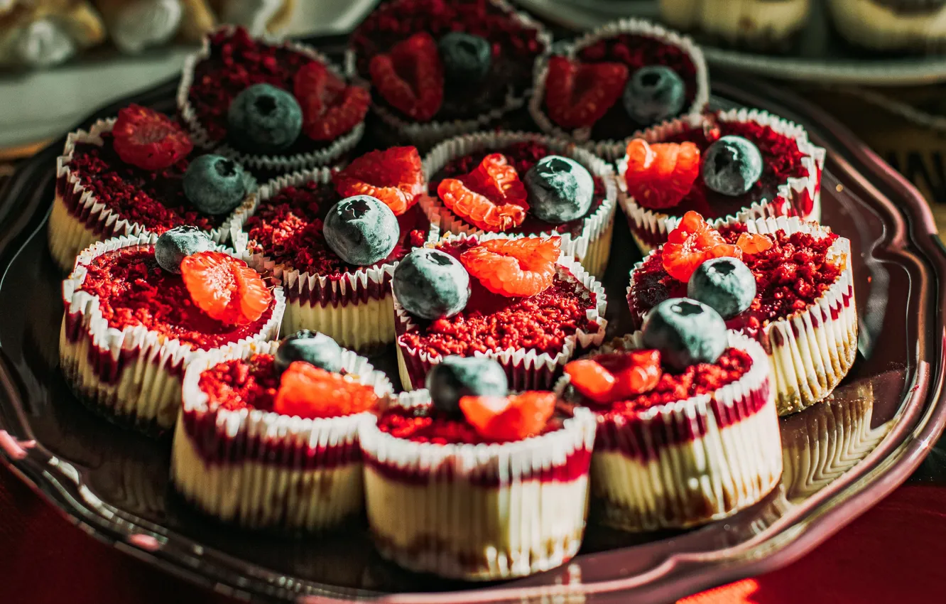 Photo wallpaper light, berries, raspberry, blueberries, cake, a lot, dessert, dish